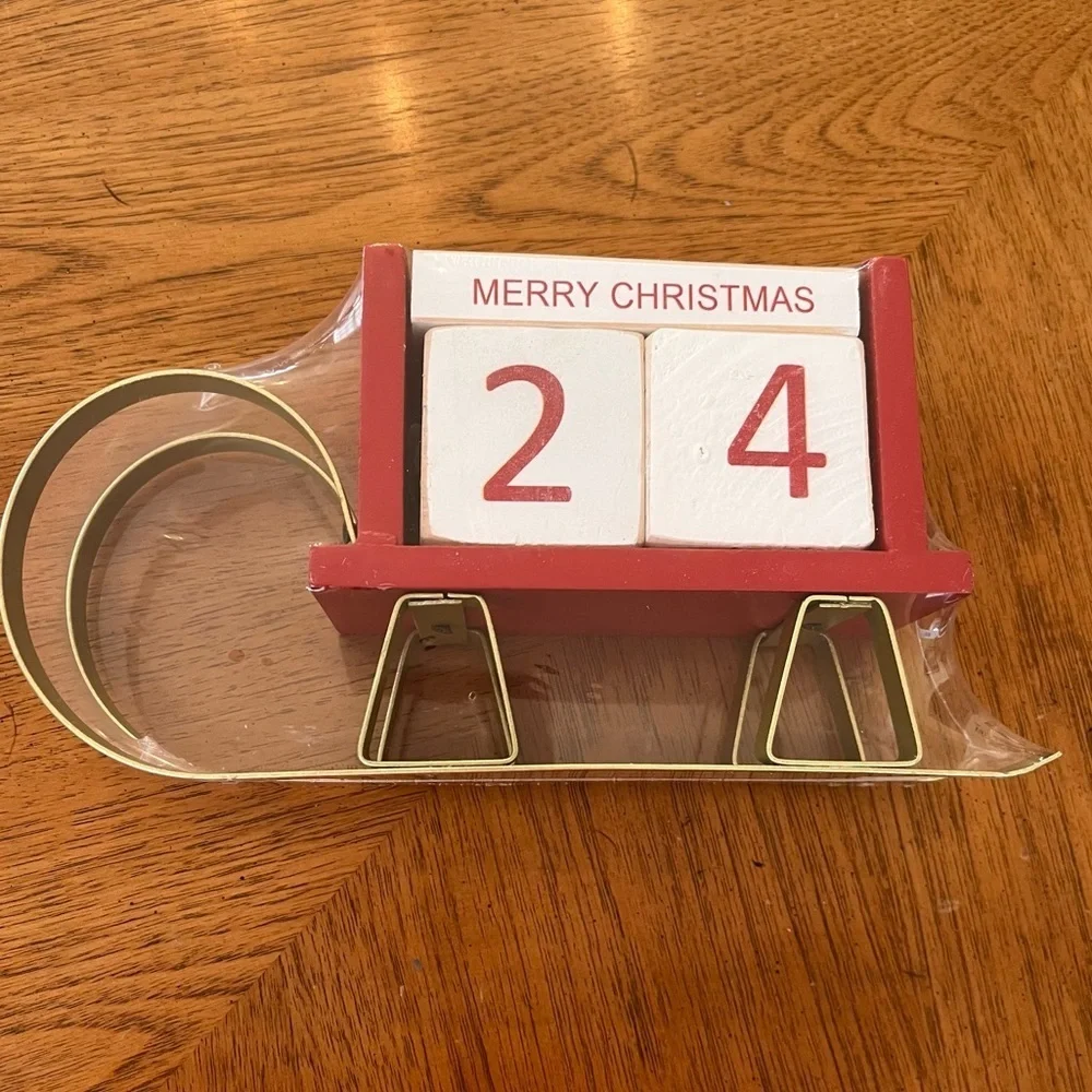 Nwt countdown to Christmas sleigh wooden metal red gold white greetings